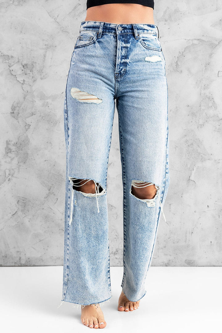The802Gypsy  pants Sky Blue / S / 71%Cotton+27.5%Polyester+1.5%Elastane TRAVELING GYPSY-Distressed Wide Leg Jeans