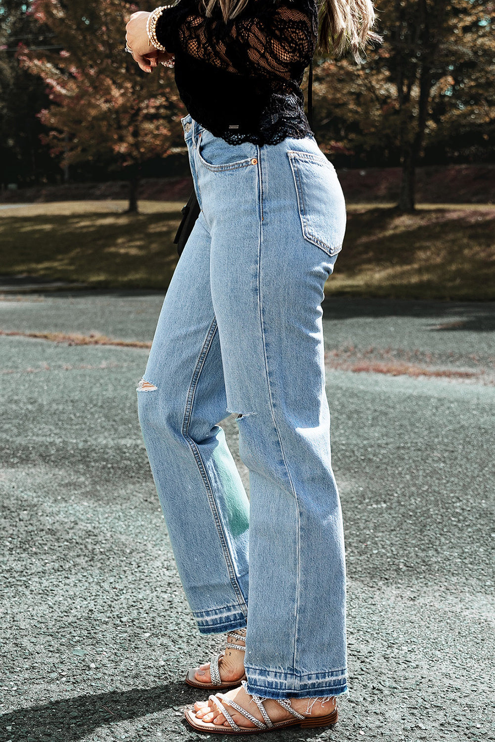 The802Gypsy  pants TRAVELING GYPSY-Distressed Slit Leg Raw Edge Straight Jeans