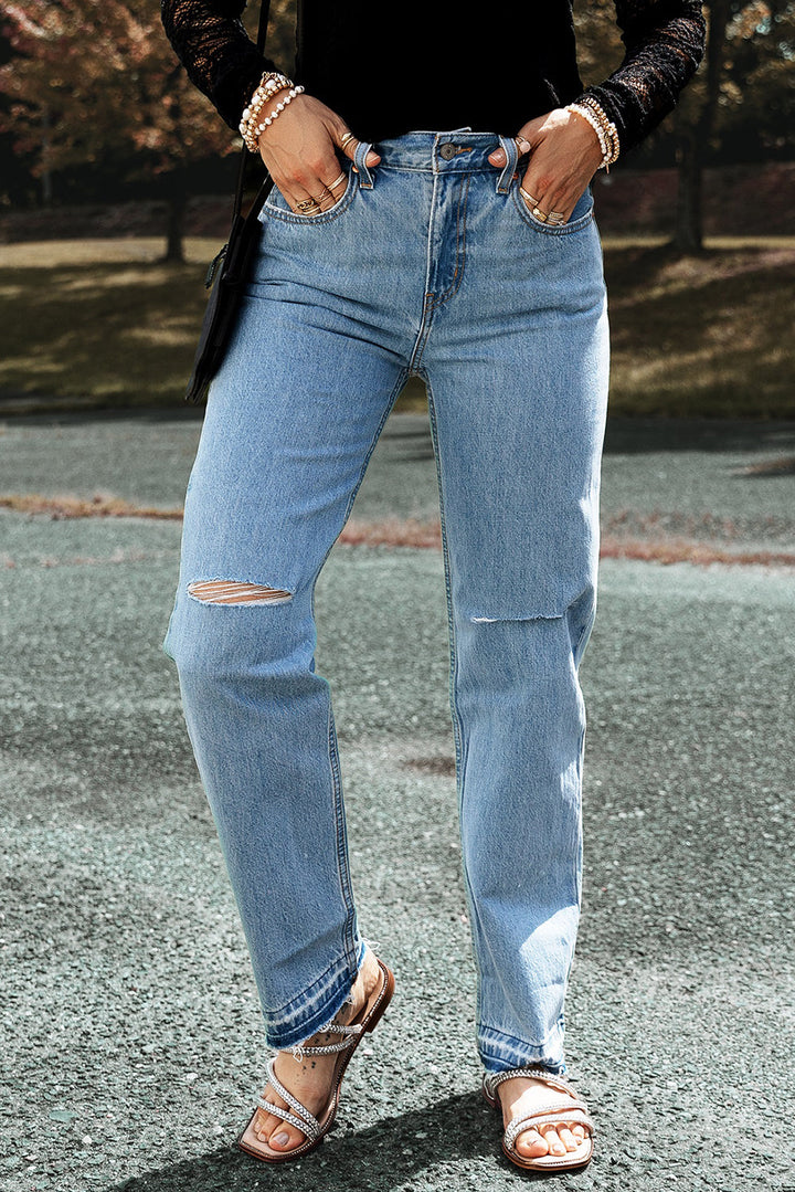 The802Gypsy  pants TRAVELING GYPSY-Distressed Slit Leg Raw Edge Straight Jeans