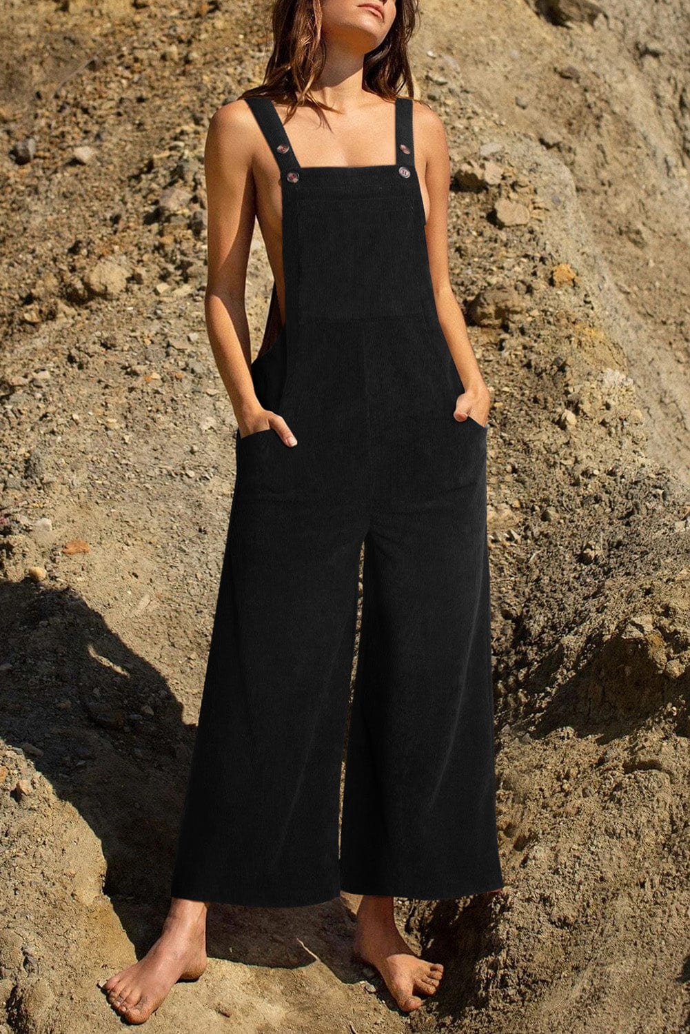 The802Gypsy  romper and jumpsuits Black / S / 100%Polyester TRAVELING GYPSY-Casual Corduroy Wide Leg Overalls