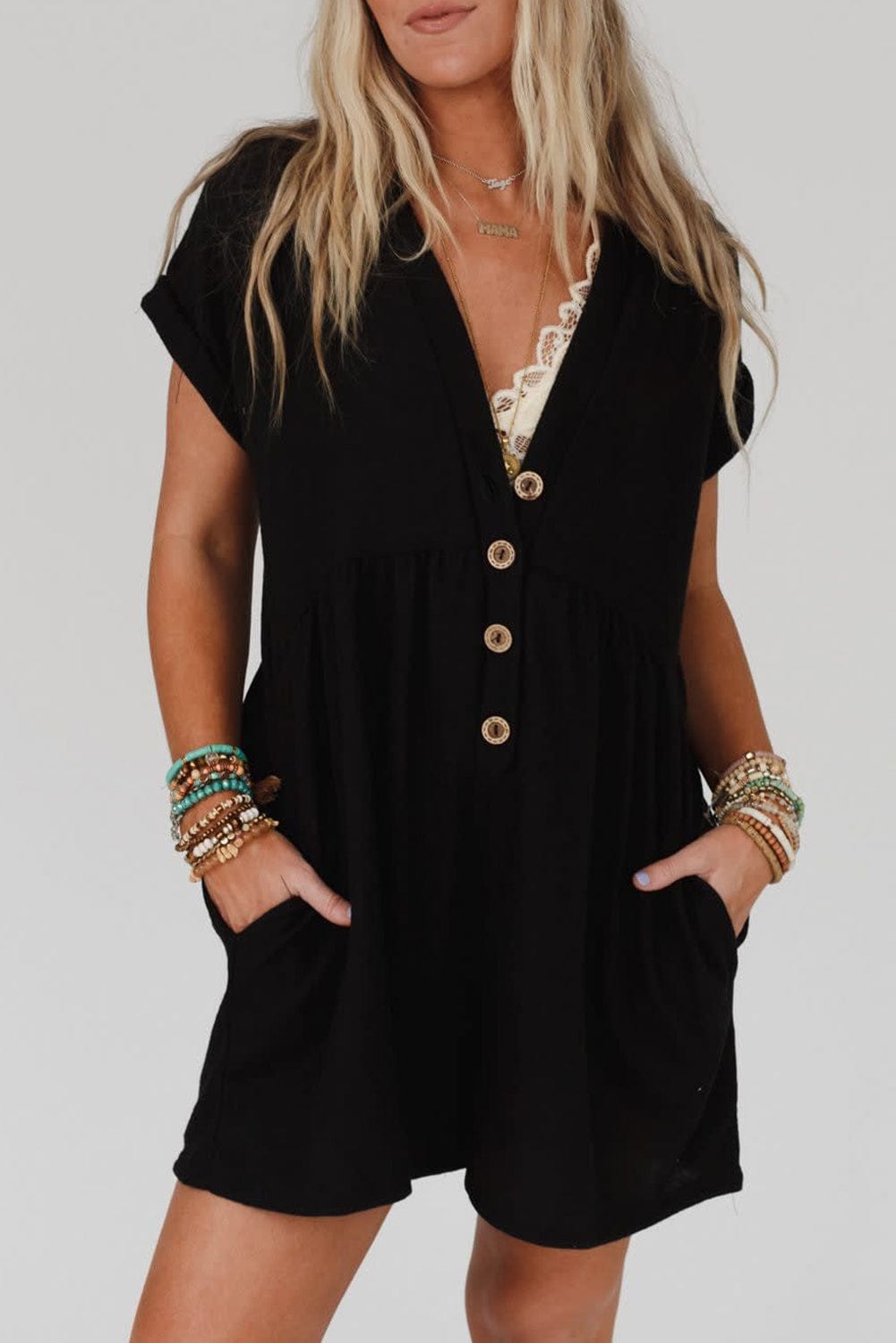 The802Gypsy  romper and jumpsuits Black / S / 65%Polyester+30%Viscose+5%Elastane TRAVELING GYPSY- Loose Cuffed Short Sleeve Romper