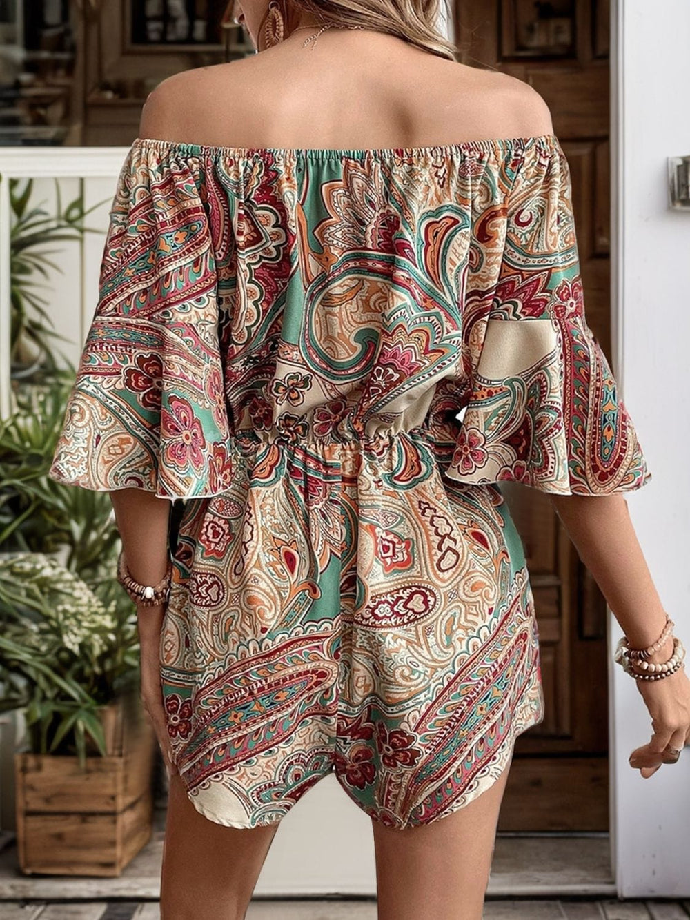 The802Gypsy romper and jumpsuits GYPSY-Printed Off Shoulder Half Sleeve Romper