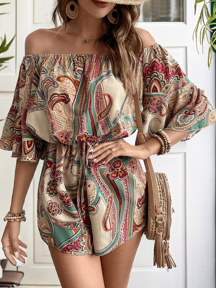 The802Gypsy romper and jumpsuits GYPSY-Printed Off Shoulder Half Sleeve Romper