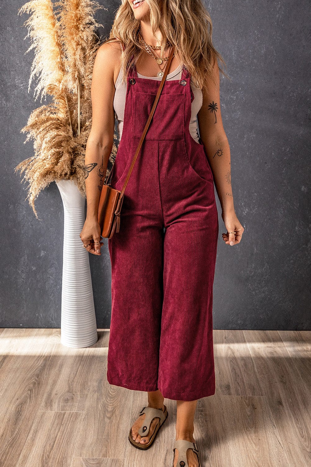 The802Gypsy  romper and jumpsuits Red / S / 100%Polyester TRAVELING GYPSY-Casual Corduroy Wide Leg Overalls