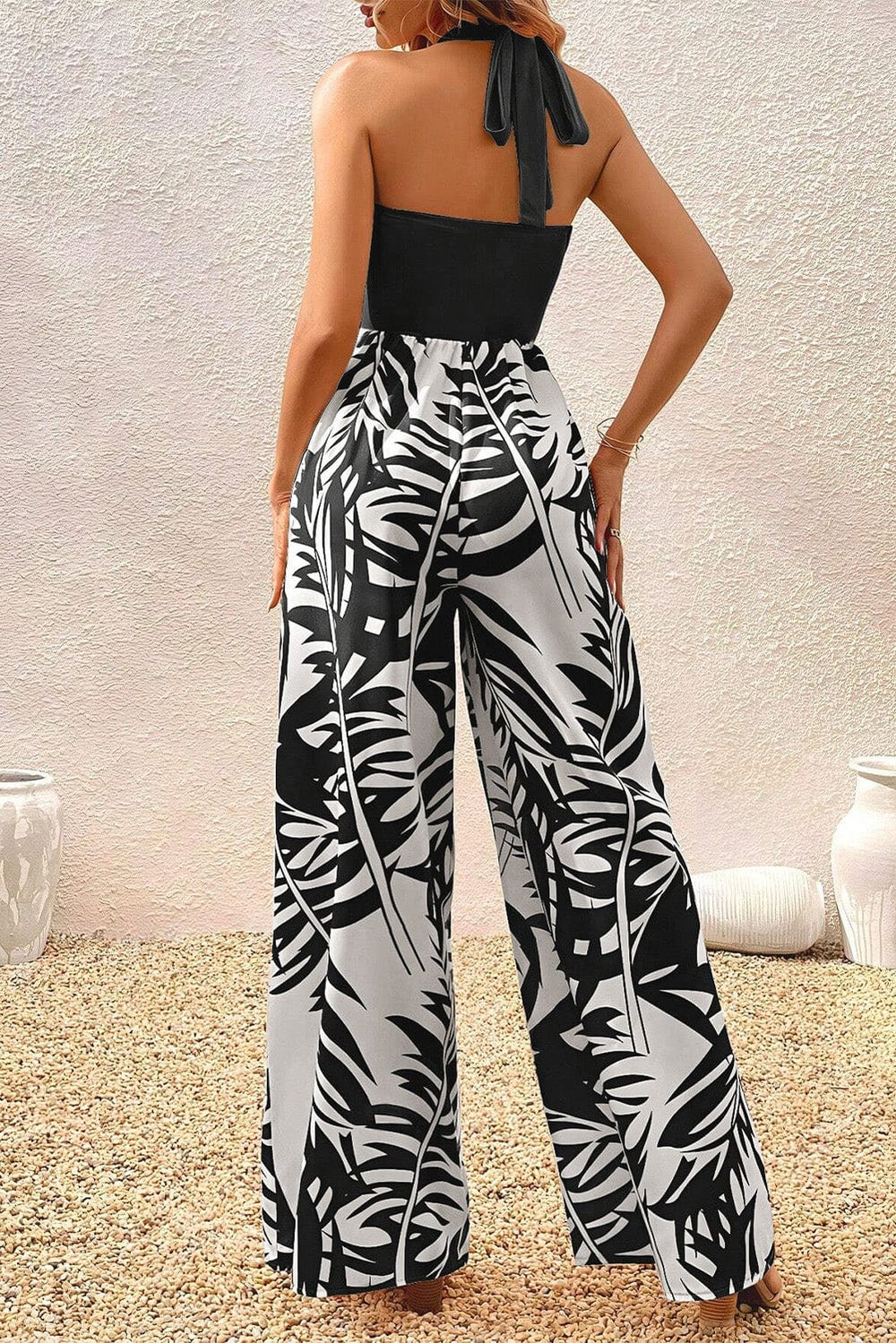The802Gypsy  romper and jumpsuits TRAVELING GYPSY-Black Halter Tropical Plant Print Wide Leg Jumpsuit