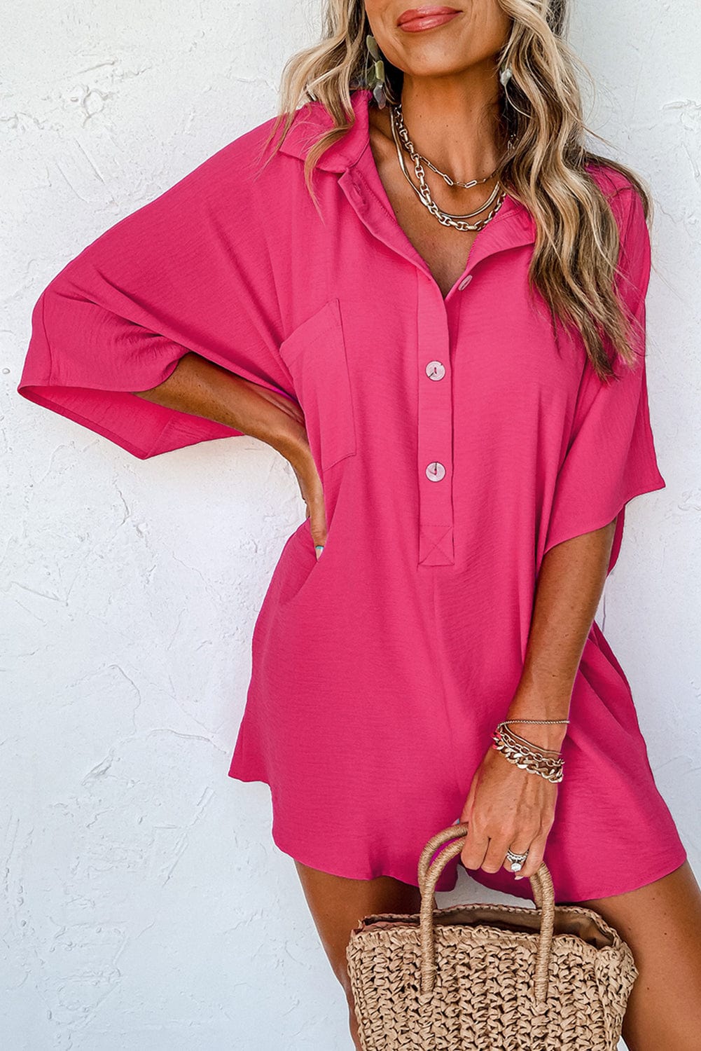 The802Gypsy  Romper Bright Pink / S / 100%Polyester TRAVELING GYPSY-Half Button Loose Romper