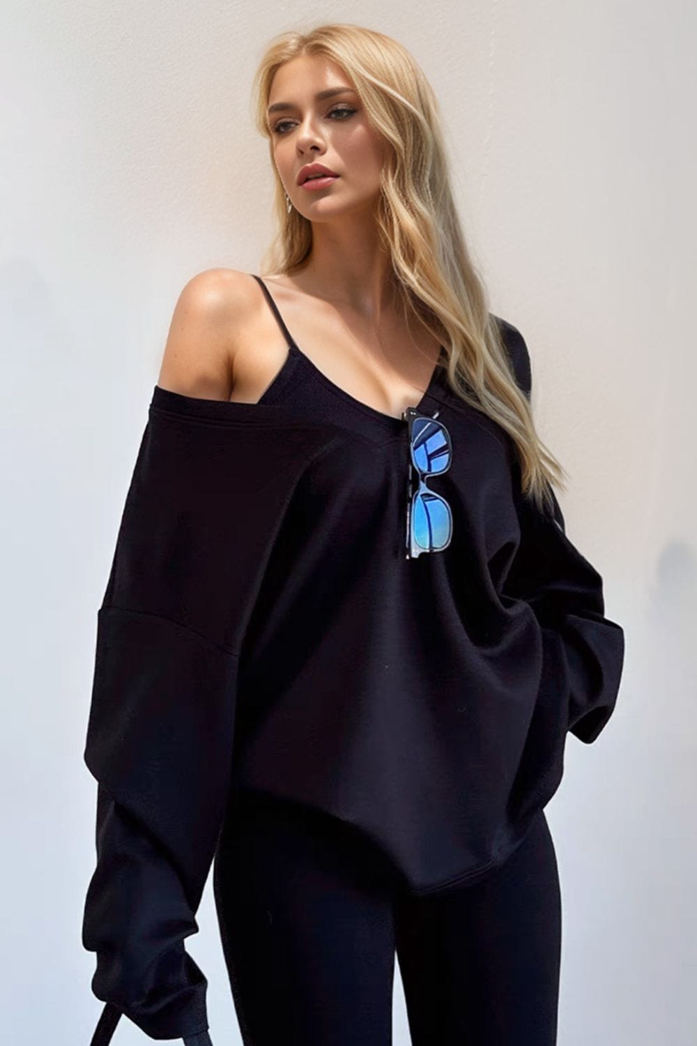 The802Gypsy shirts and tops Black / S GYPSY-Basic Bae-V-Neck Long Sleeve Sweatshirt with Sports Bra