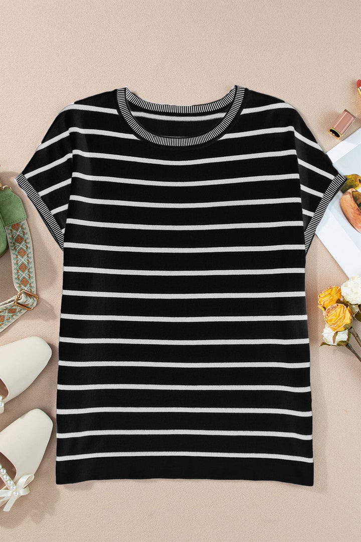 The802Gypsy shirts and tops Black / S GYPSY-Striped Round Neck Cap Sleeve Knit Top