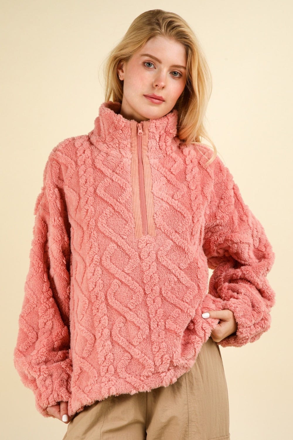 The802Gypsy shirts and tops Blush Pink / S ❤️GYPSY-VERY J-Fuzzy Fleece Half Zip Cable Pattern Sweatshirt