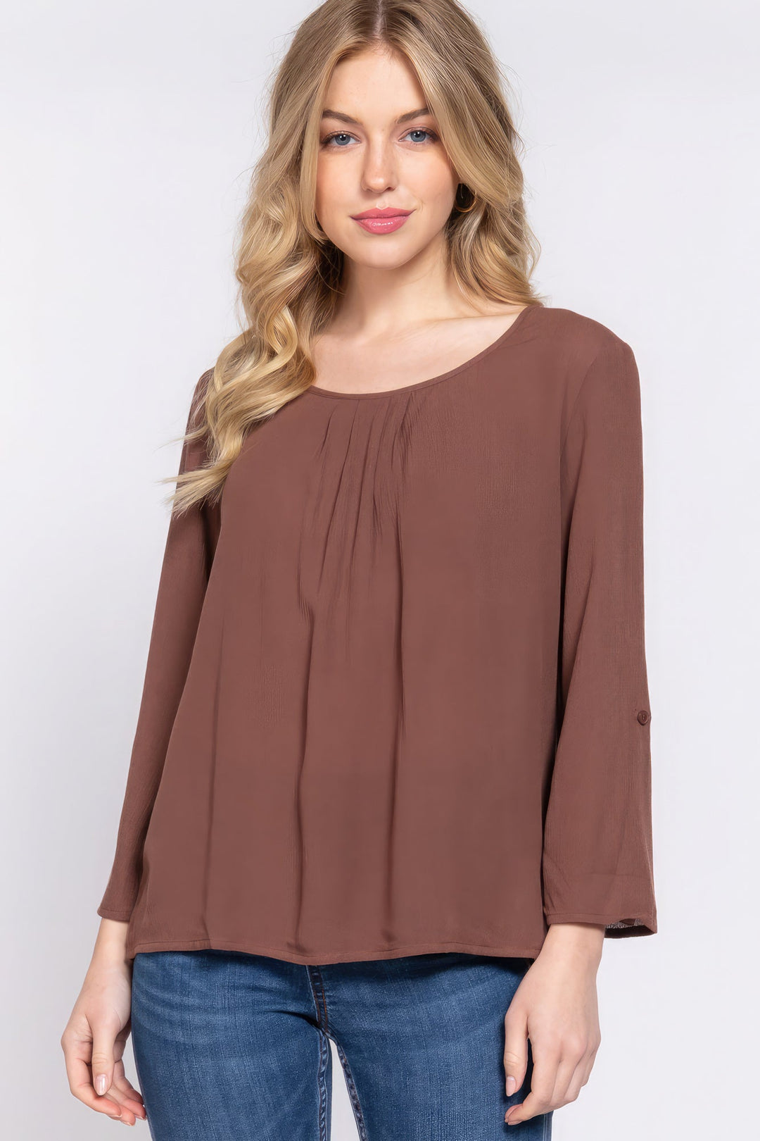 The802Gypsy  shirts and tops Brown / S ❤GYPSY LOVE-Roll Up Slv Pleated Blouse