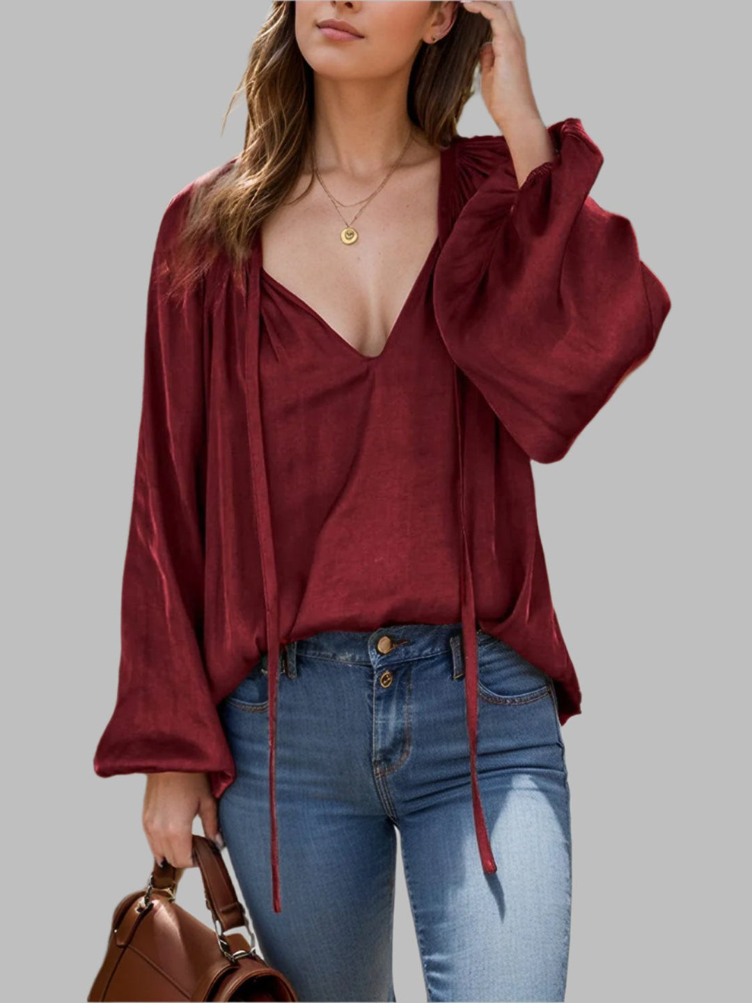 The802Gypsy shirts and tops Burgundy / S GYPSY-Ruched Tie Neck Balloon Sleeve Blouse