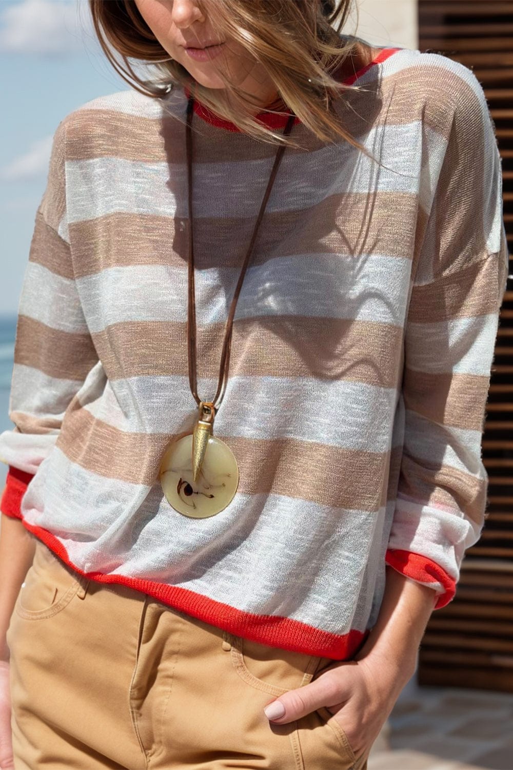 The802Gypsy shirts and tops Camel Tan / S GYPSY-Contrast Striped Round Neck Long Sleeve Knit Top