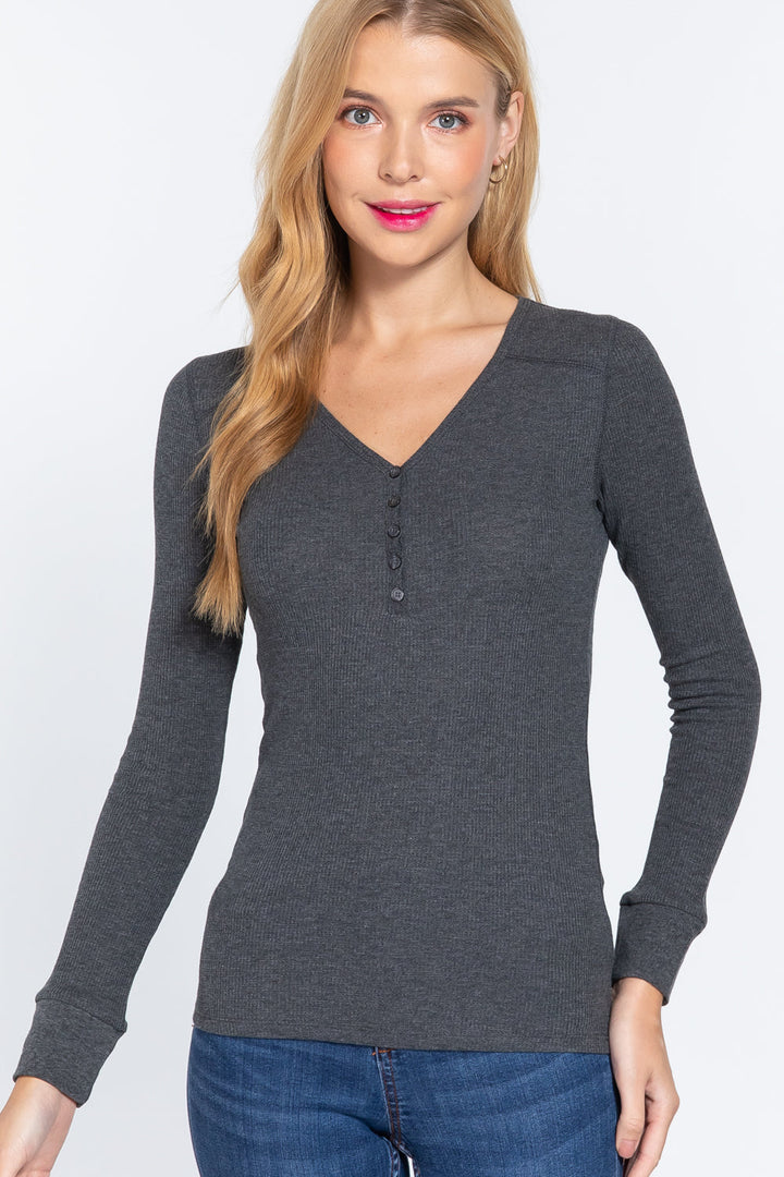 The802Gypsy  shirts and tops Charcoal Grey / S ❤GYPSY LOVE-V-neck Placket Thermal Top