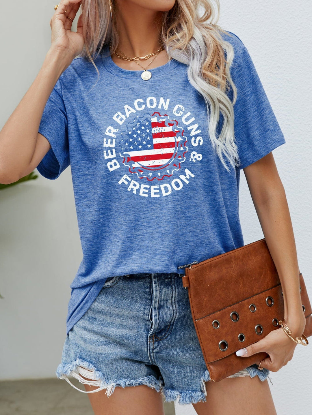 The802Gypsy shirts and tops Cobalt Blue / S GYPSY-BEER BACON GUNS & FREEDOM US Flag Graphic Tee