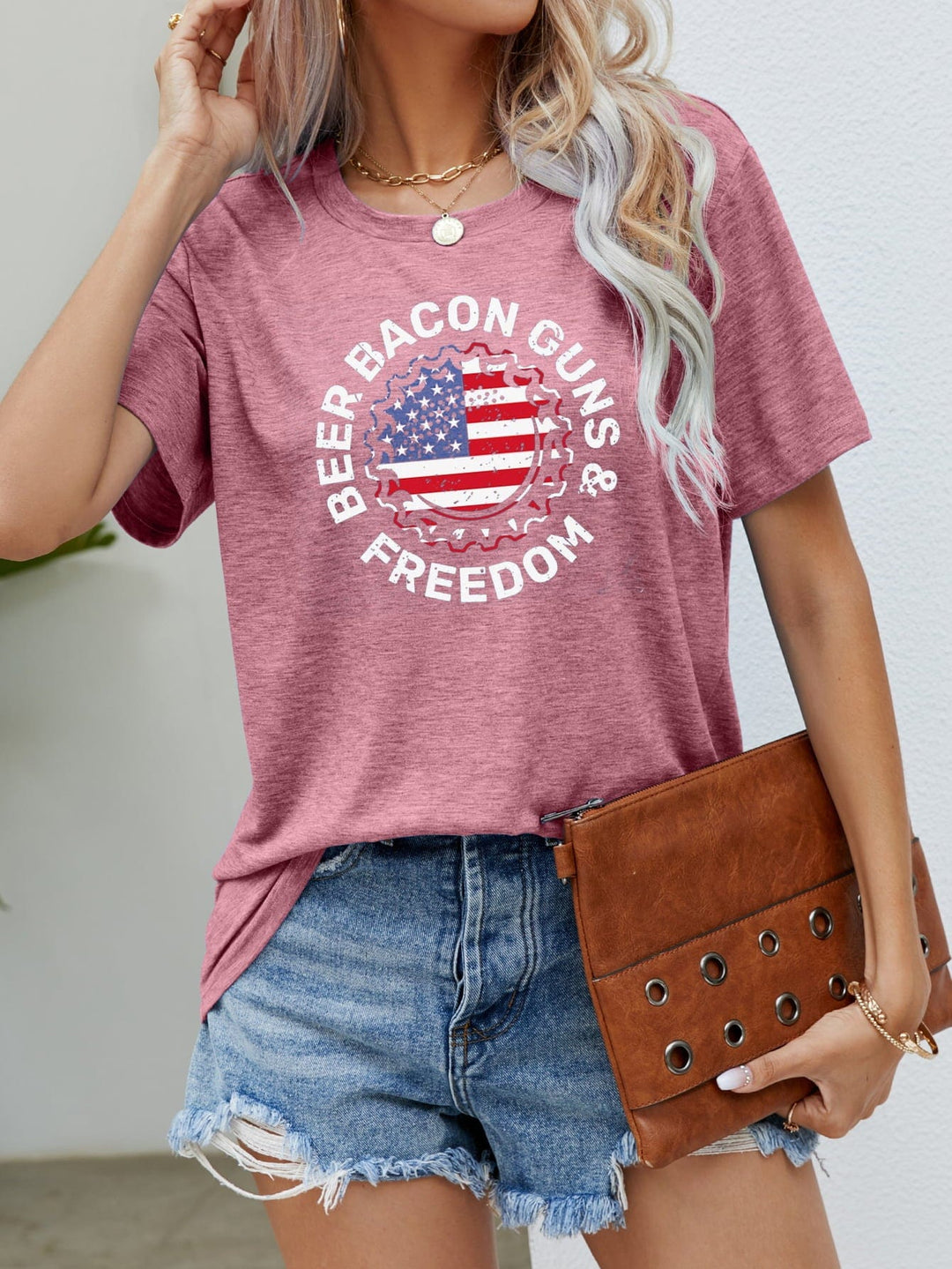 The802Gypsy shirts and tops Dusty Pink / S GYPSY-BEER BACON GUNS & FREEDOM US Flag Graphic Tee