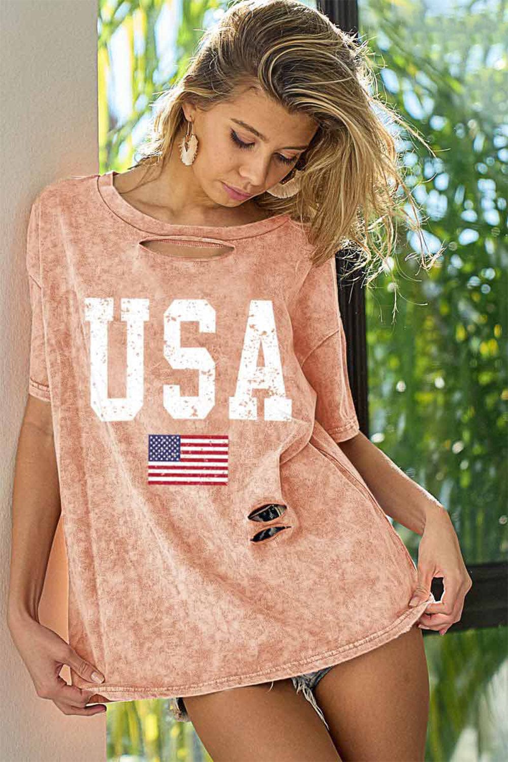 The802Gypsy shirts and tops Dusty Pink / S ❤️GYPSY-BiBi-Washed American Flag Graphic Distressed T-Shirt