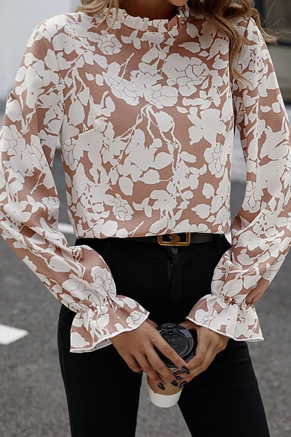 The802Gypsy  shirts and tops Flaxen / S TRAVELING GYPSY-Floral Print Flounce Sleeve Blouse