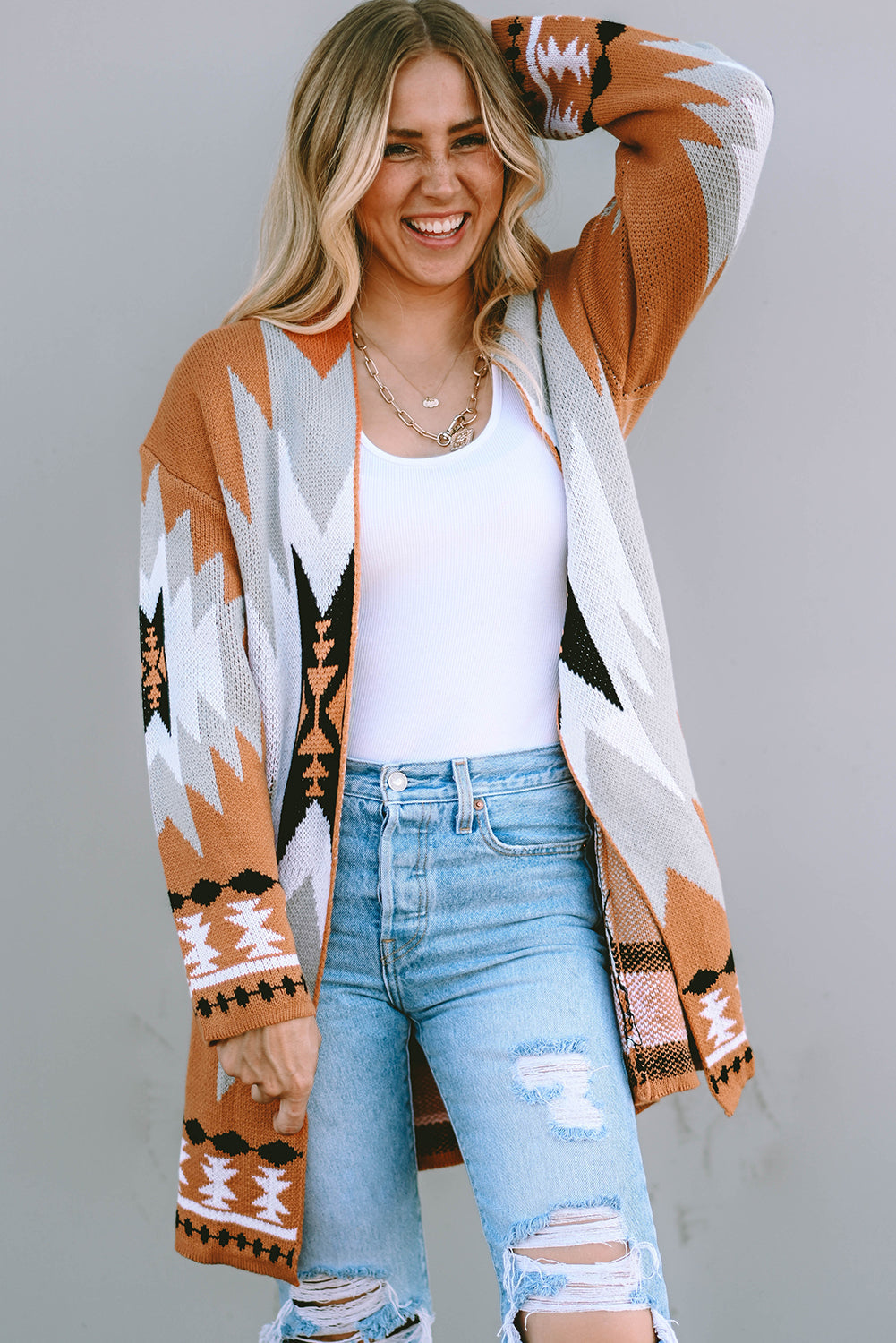 The802Gypsy  shirts and tops Gold Flame / S / 100%Acrylic TRAVELING GYPSY-Aztec Graphic Open-Front Cardigan