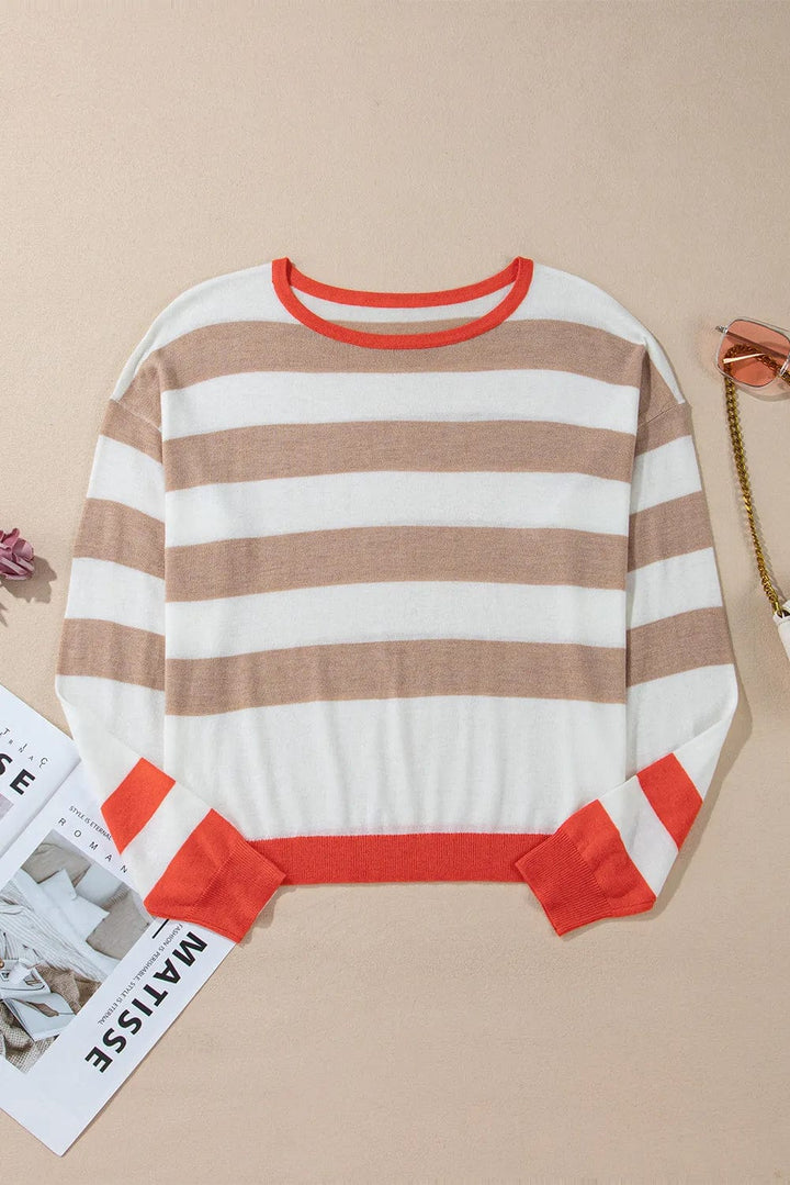 The802Gypsy shirts and tops GYPSY-Contrast Striped Round Neck Long Sleeve Knit Top