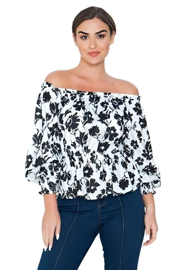 The802Gypsy  shirts and tops ❤️GYPSY LOVE-Floral Off The Shoulder Black and White Blouse ⏹️