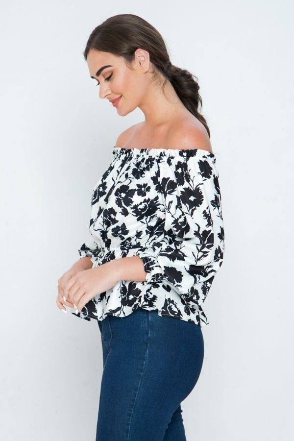 The802Gypsy  shirts and tops ❤️GYPSY LOVE-Floral Off The Shoulder Black and White Blouse ⏹️