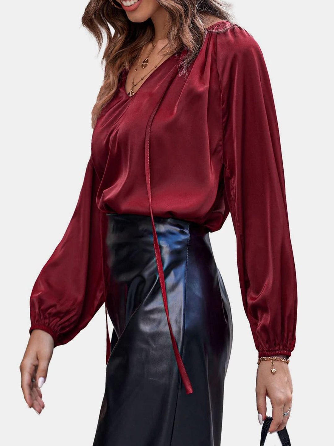 The802Gypsy shirts and tops GYPSY-Ruched Tie Neck Balloon Sleeve Blouse