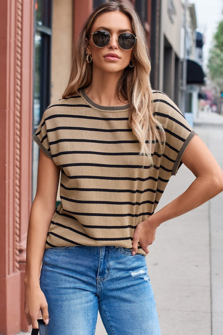 The802Gypsy shirts and tops GYPSY-Striped Round Neck Cap Sleeve Knit Top