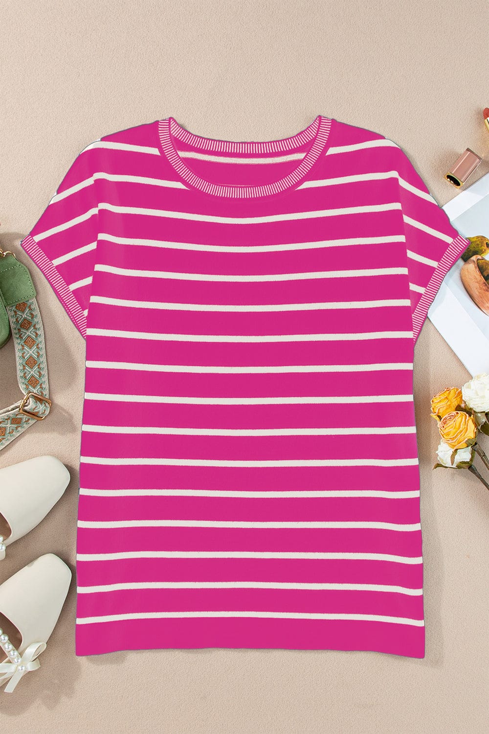 The802Gypsy shirts and tops Hot Pink / S GYPSY-Striped Round Neck Cap Sleeve Knit Top