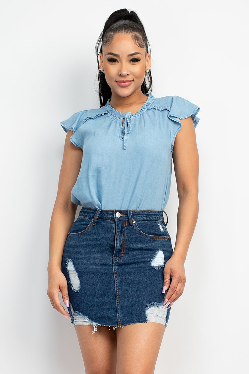 The802Gypsy  shirts and tops Light Denim / S ❤GYPSY LOVE-Lyocell Frill Sleeve Top