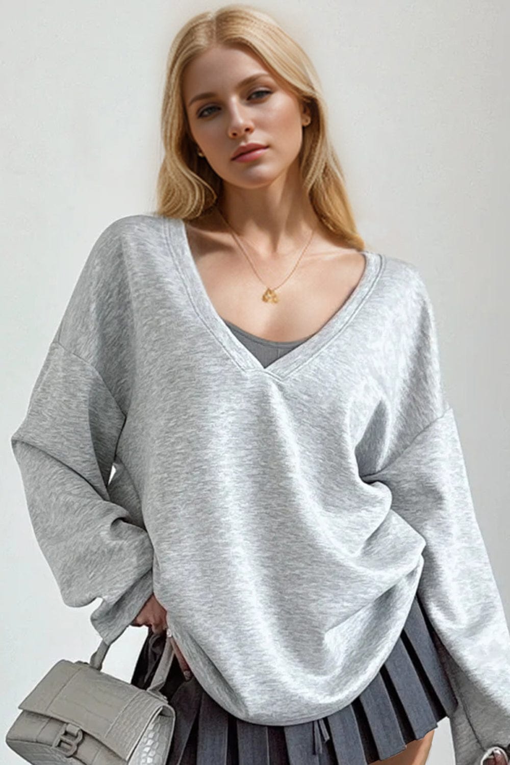 The802Gypsy shirts and tops Light Gray / S GYPSY-Basic Bae-V-Neck Long Sleeve Sweatshirt with Sports Bra