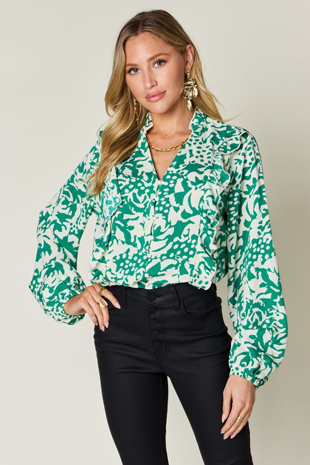 The802Gypsy shirts and tops Mid Green / S GYPSY-Double Take- Printed Balloon Sleeve Shirt