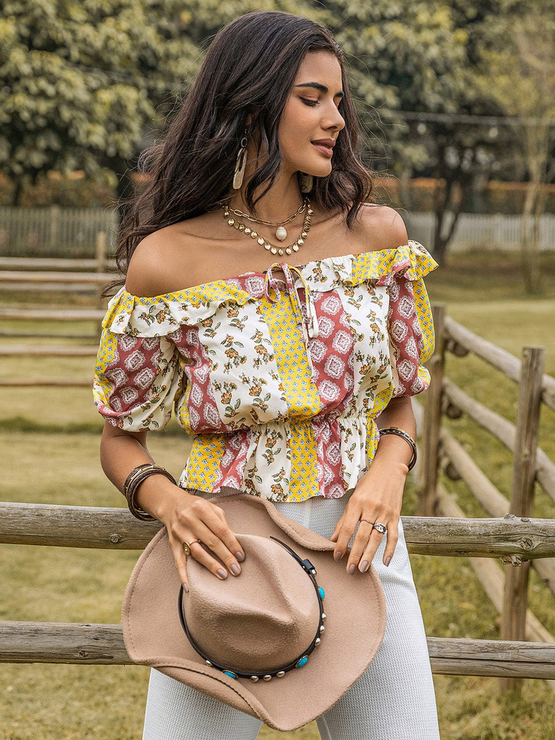 The802Gypsy shirts and tops Multicolor / S GYPSY-Boho Print Off-The-Shoulder Blouse