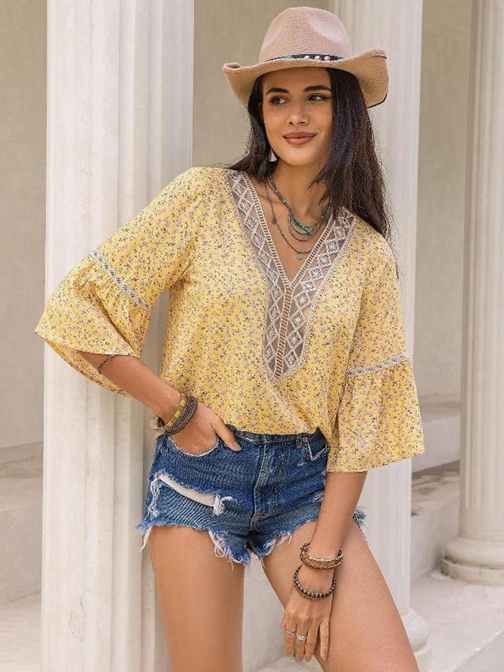 The802Gypsy shirts and tops Pastel Yellow / S GYPSY- Floral V-Neck Blouse