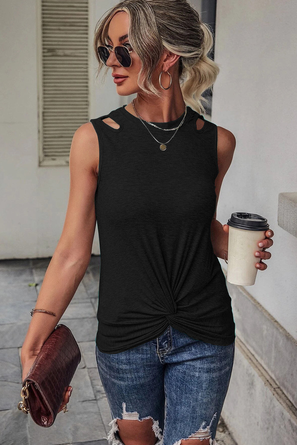 The802Gypsy  shirts and tops TRAVELING GYPSY-Knit Cut-out Front Twist Tank Top