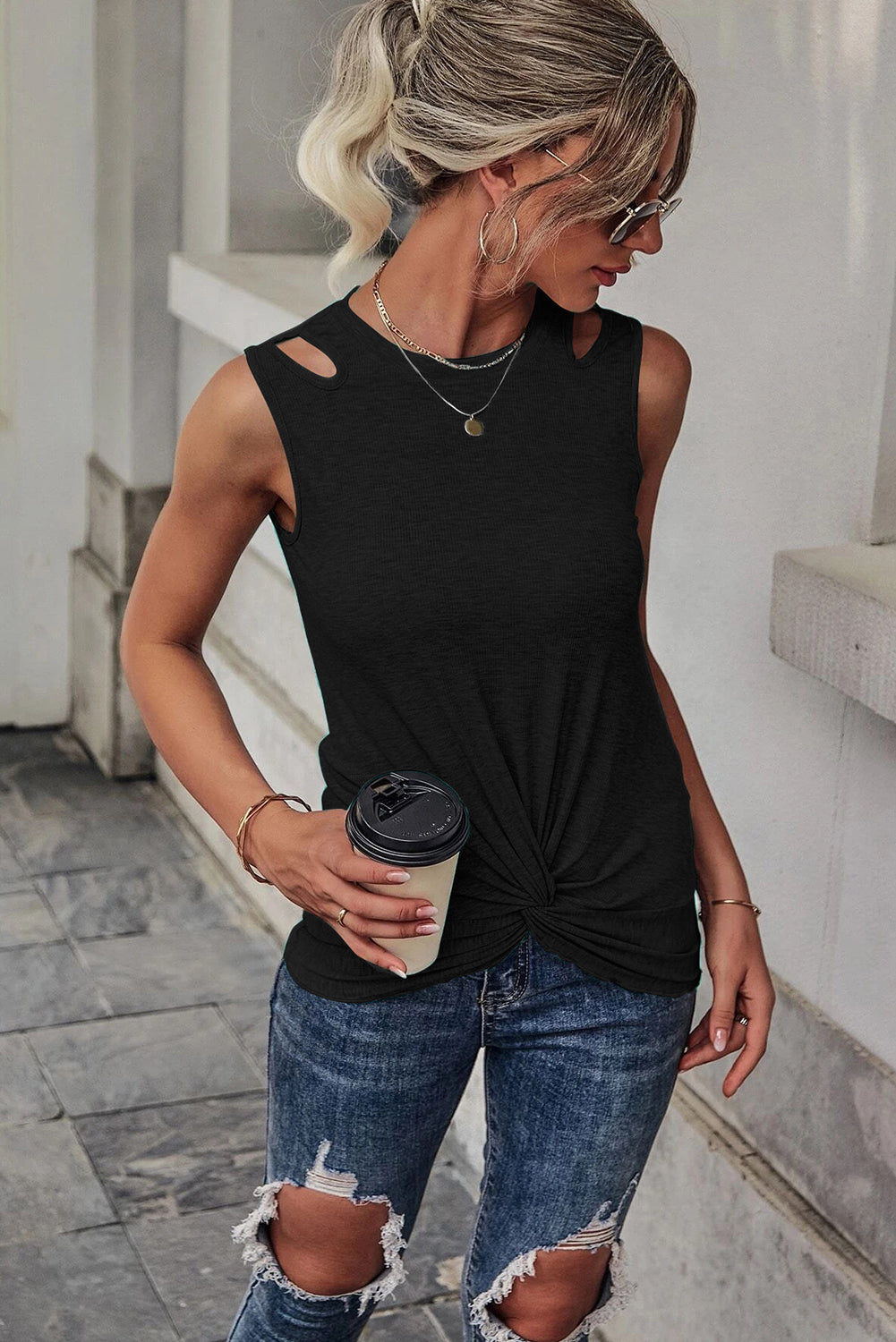The802Gypsy  shirts and tops TRAVELING GYPSY-Knit Cut-out Front Twist Tank Top