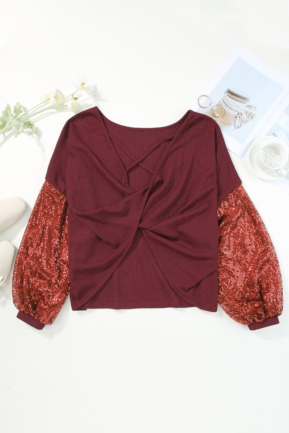 The802Gypsy  shirts and tops TRAVELING GYPSY- Open Back Sequin Sleeve Detail Blouse