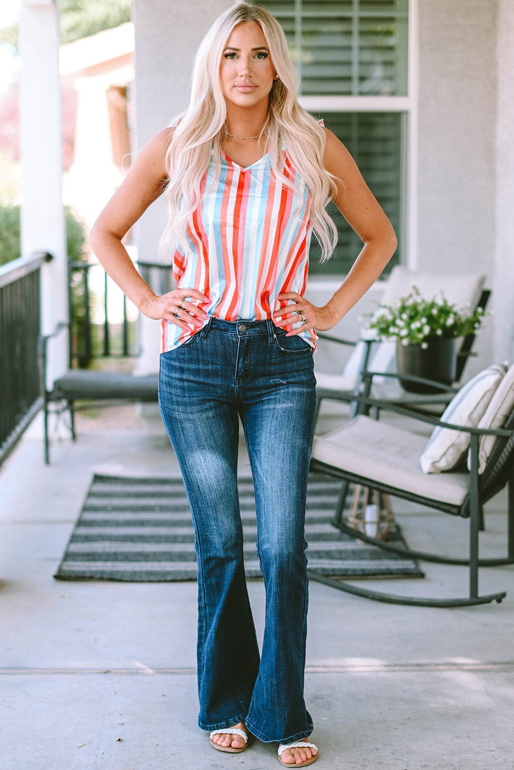 The802Gypsy  shirts and tops TRAVELING GYPSY-Striped V Neck Ruffle Straps Tank Top