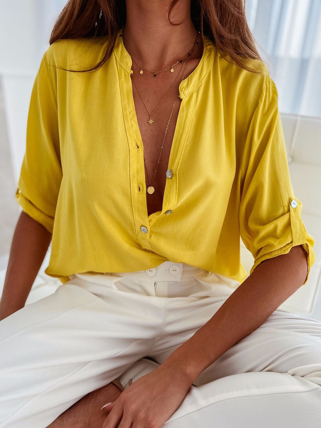 The802Gypsy shirts and tops True Yellow / S GYPSY- Notched Half Sleeve Blouse