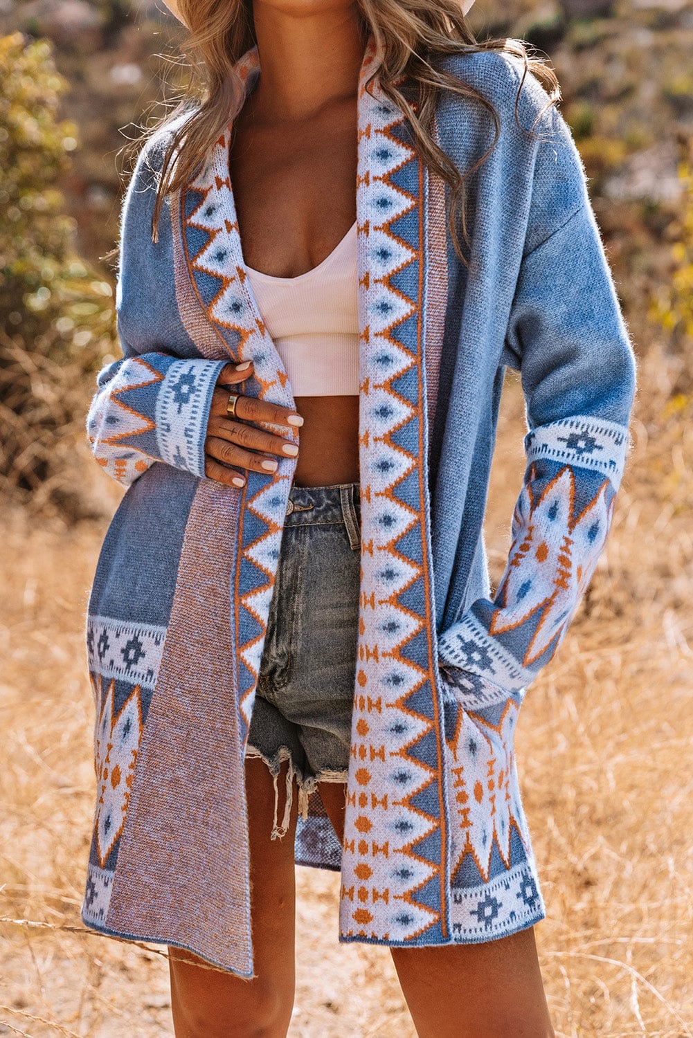 The802Gypsy  Sweaters & Cardigans/Cardigans Blue / XS / 48%Acrylic+28%Nylon+24%Rayon TRAVELING GYPSY-Aztec Print Knitted Cardigan