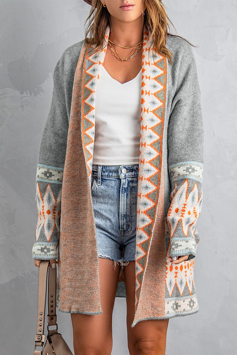 The802Gypsy  Sweaters & Cardigans/Cardigans Gray / XS / 48%Acrylic+28%Nylon+24%Rayon TRAVELING GYPSY-Aztec Print Knitted Cardigan