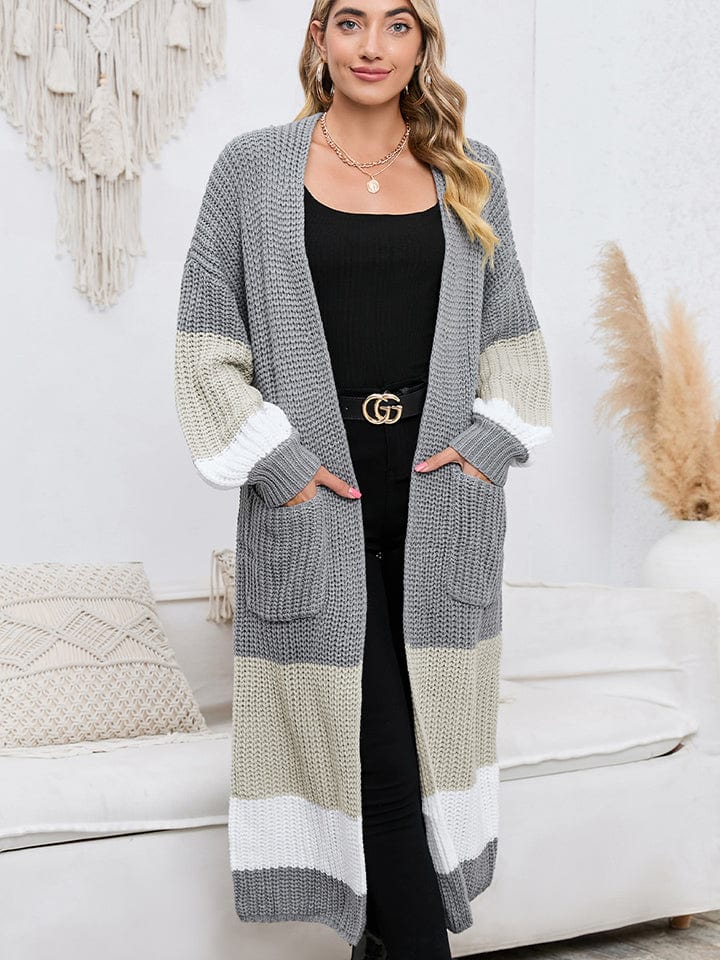 The802Gypsy Sweaters & Cardigans/Cardigans Light Gray / S GYPSY-Color Block Pocketed Super Long Cardigan