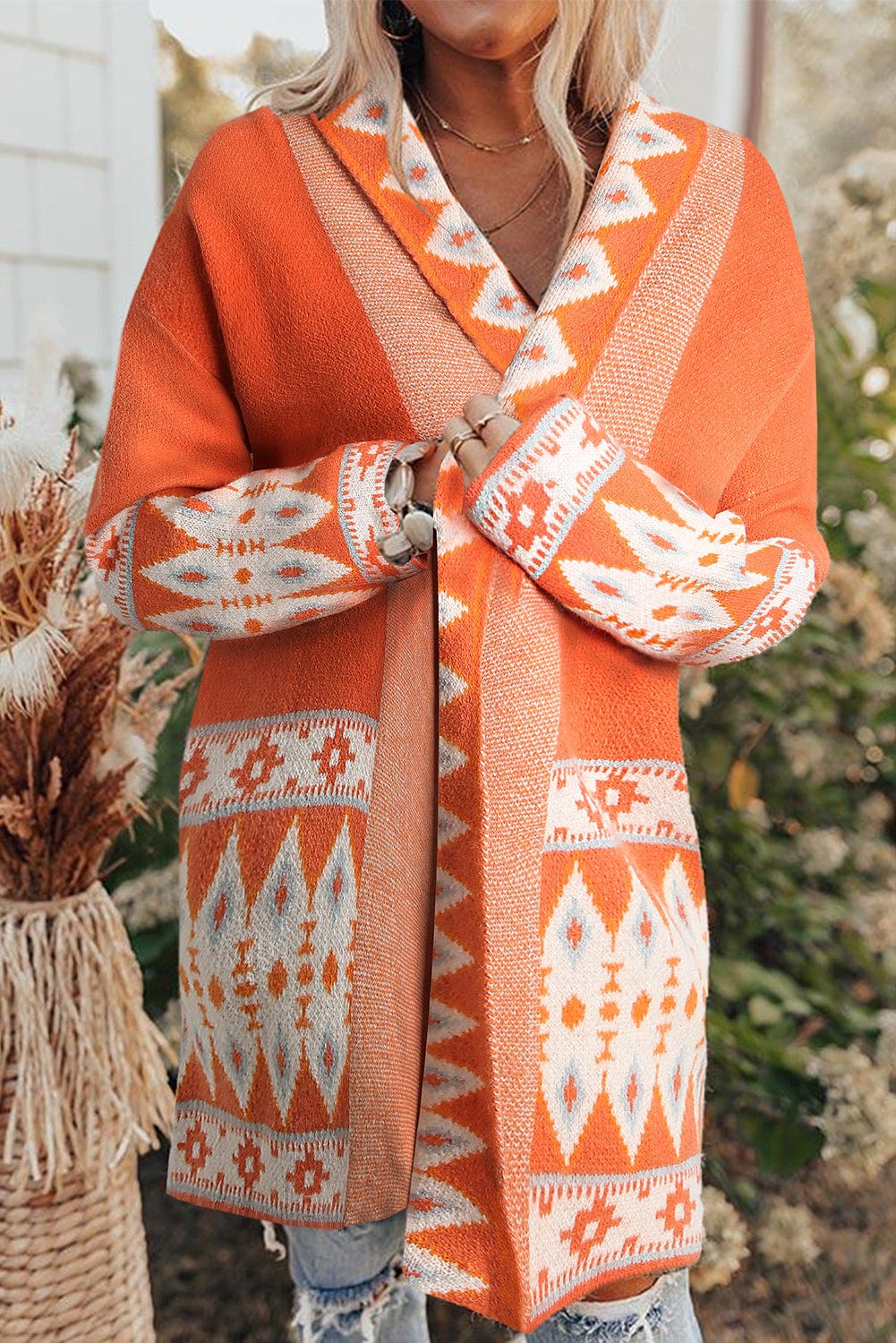 The802Gypsy  Sweaters & Cardigans/Cardigans Orange / S / 48%Acrylic+28%Nylon+24%Rayon TRAVELING GYPSY-Aztec Print Knitted Cardigan