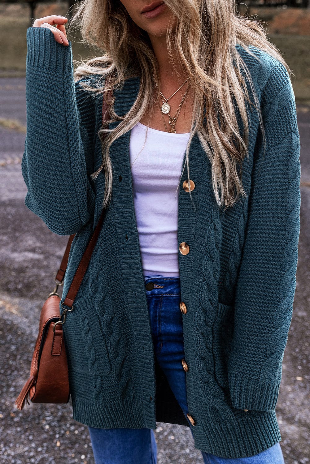 The802Gypsy  Sweaters & Cardigans/Cardigans Peacock Blue / S TRAVELING GYPSY-Cable Knit PocketedCardigan