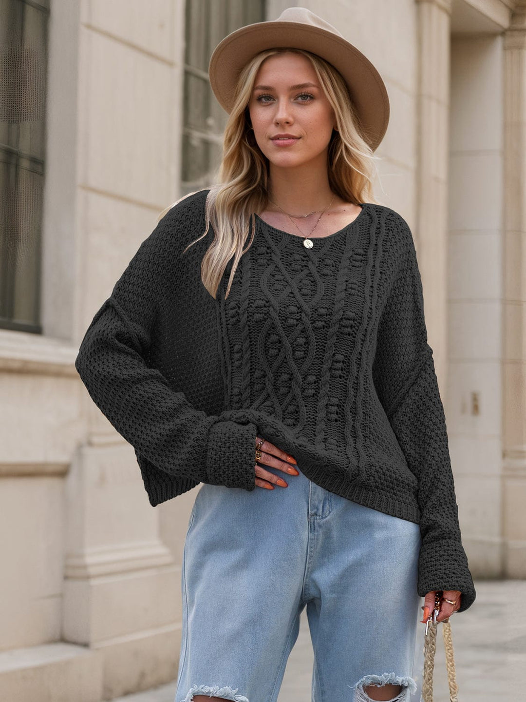 The802Gypsy Sweaters & Cardigans/Sweater Black / S GYPSY-Round Neck Textured Long Sleeve Sweater