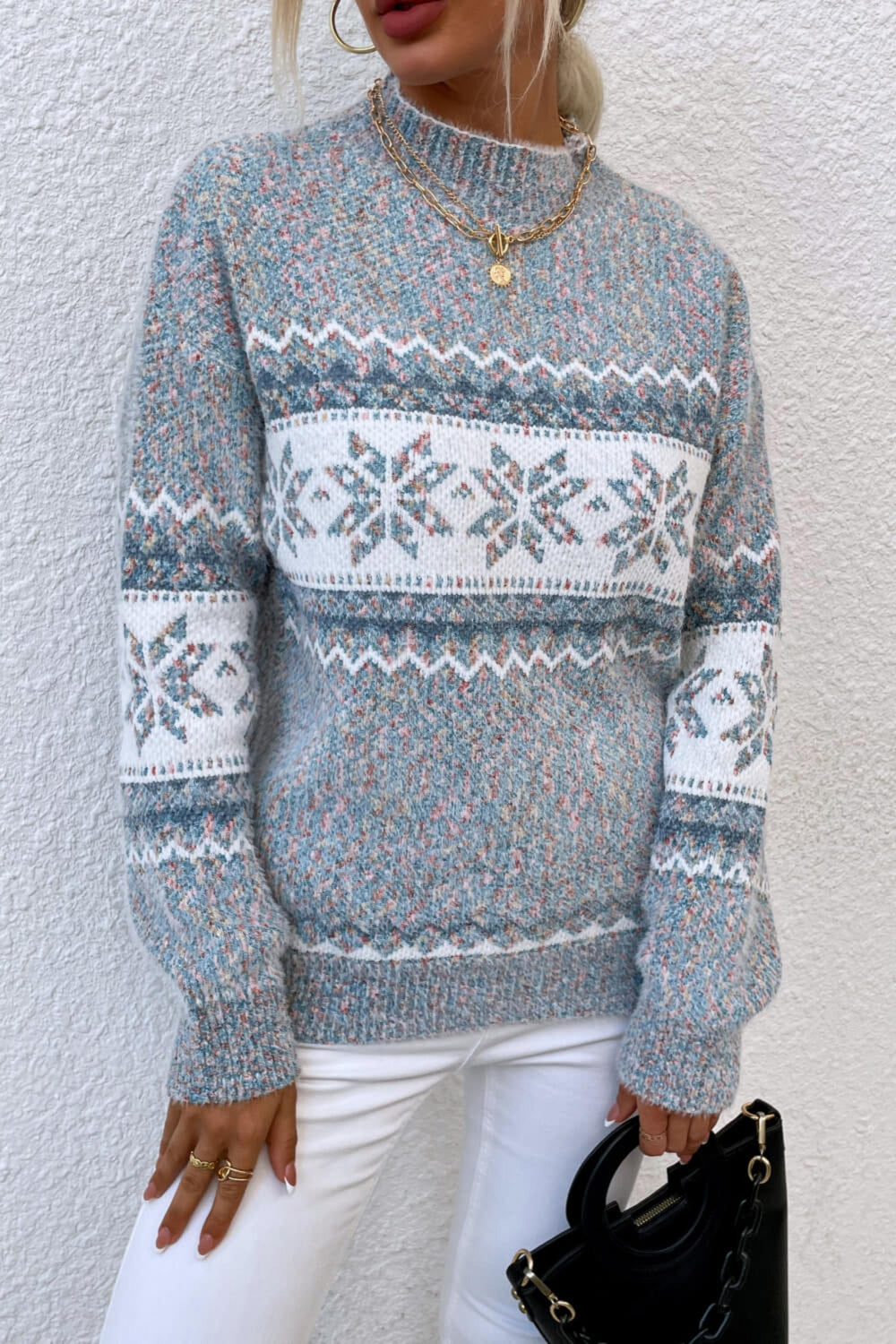 The802Gypsy Sweaters & Cardigans/Sweater Cloudy Blue / S GYPSY-Snowflake Pattern Mock Neck Sweater