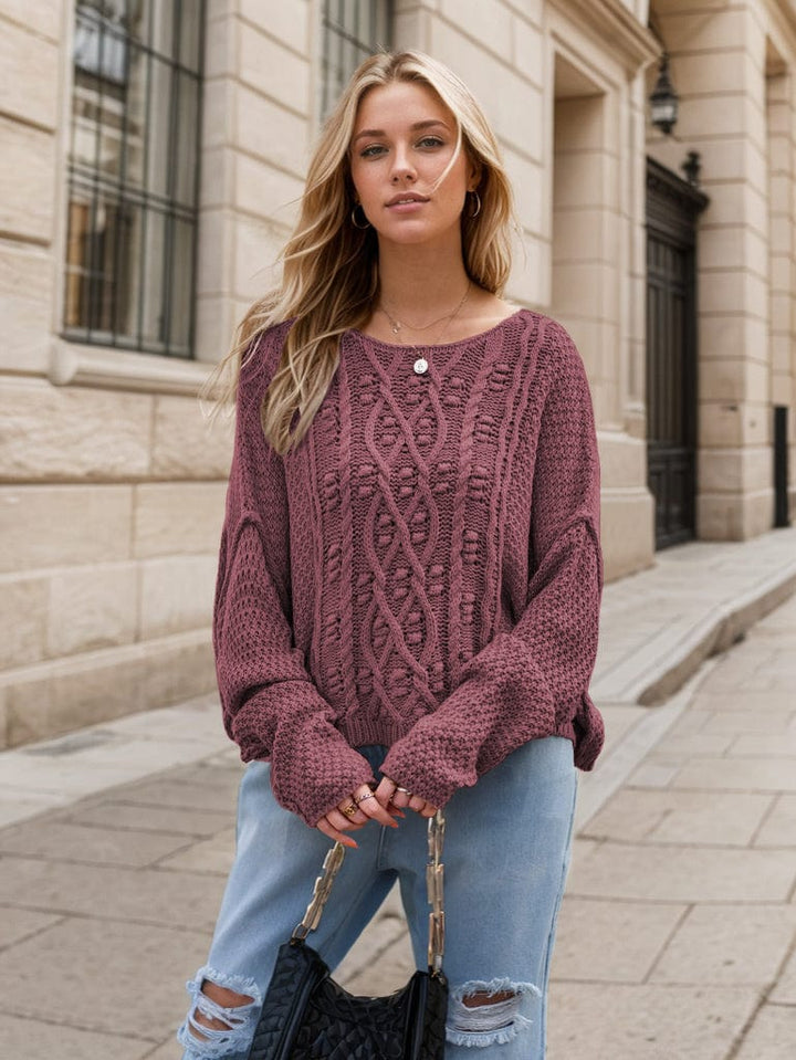 The802Gypsy Sweaters & Cardigans/Sweater Mauve Purple / S GYPSY-Round Neck Textured Long Sleeve Sweater