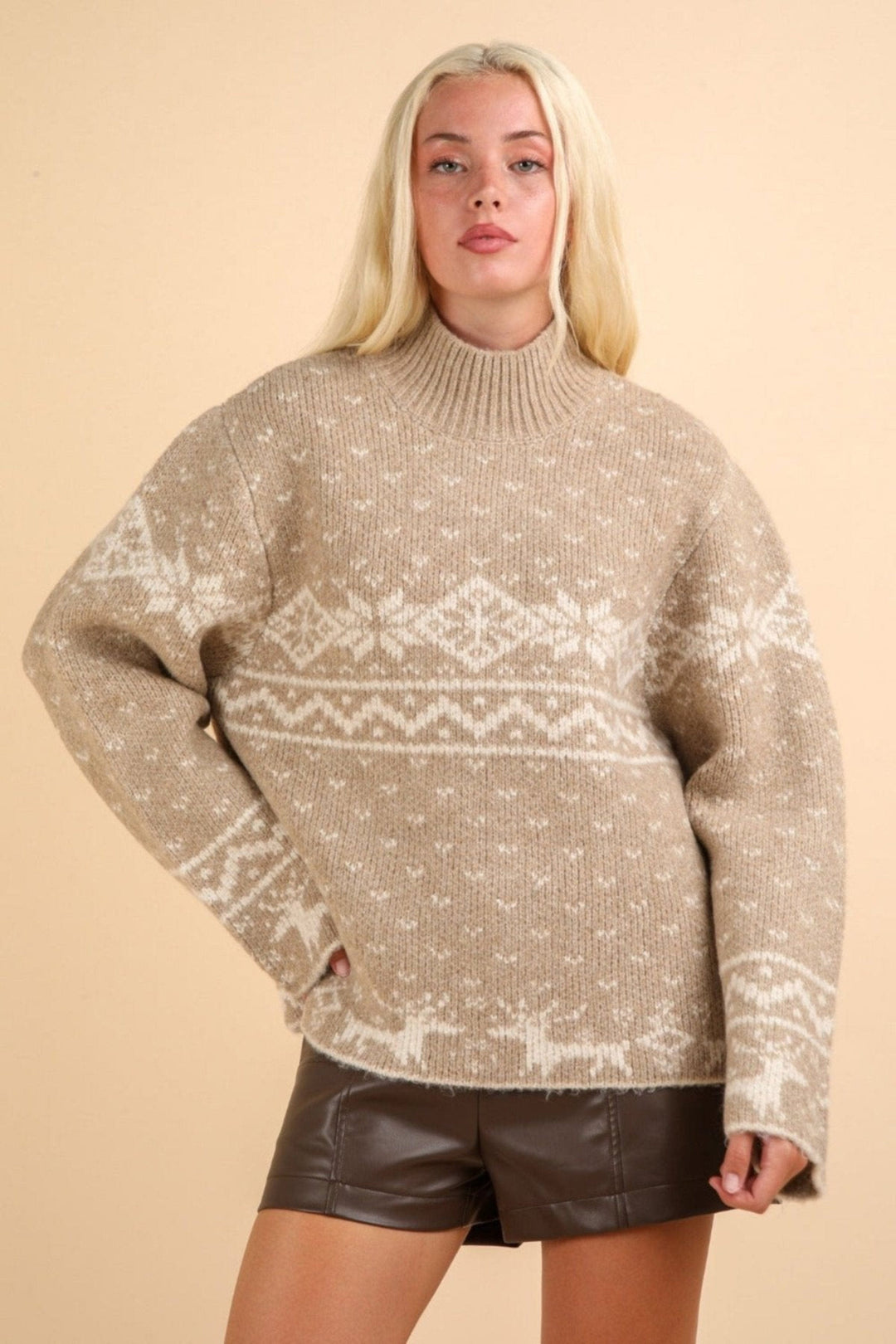 The802Gypsy Sweaters & Cardigans/Sweater Mocha Tan / S ❤️GYPSY-VERY J-Christmas Element Mock Neck Long Sleeve Sweater