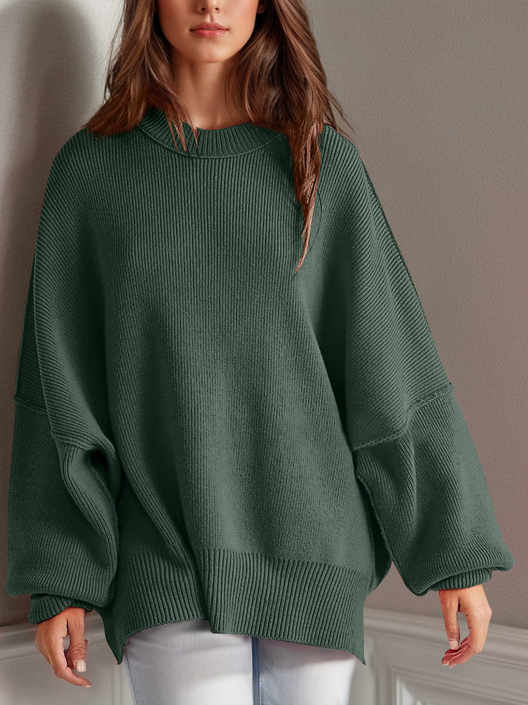 The802Gypsy Sweaters & Cardigans/Sweater Moss Green / S GYPSY-Double Take-Side Slit Round Neck Sweater