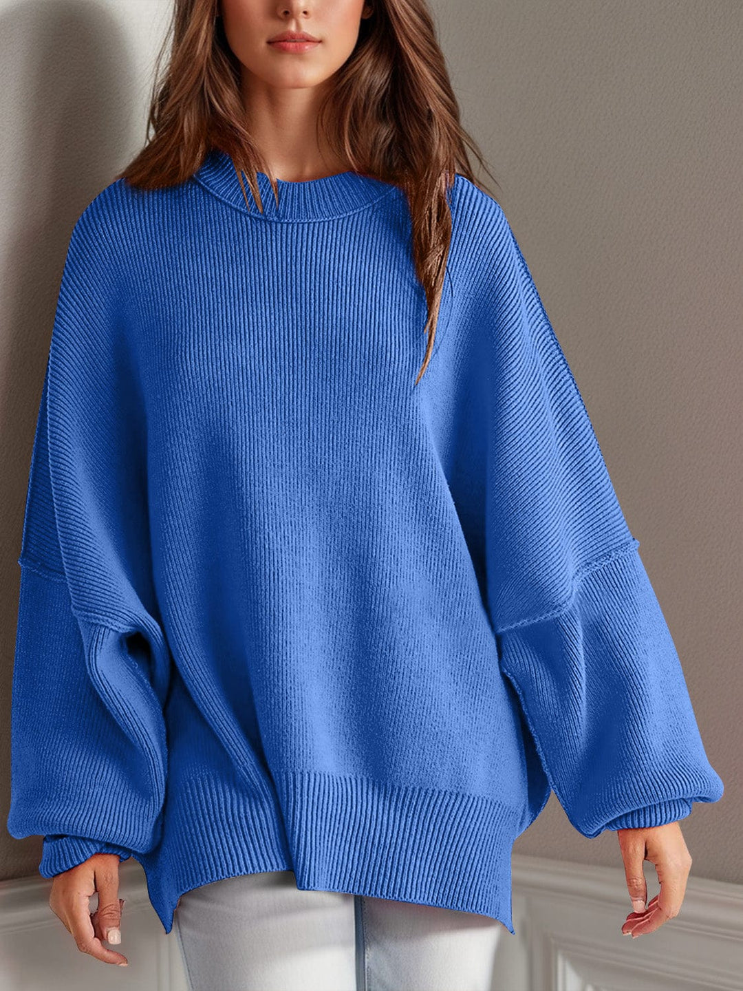 The802Gypsy Sweaters & Cardigans/Sweater Royal Blue / S GYPSY-Double Take-Side Slit Round Neck Sweater