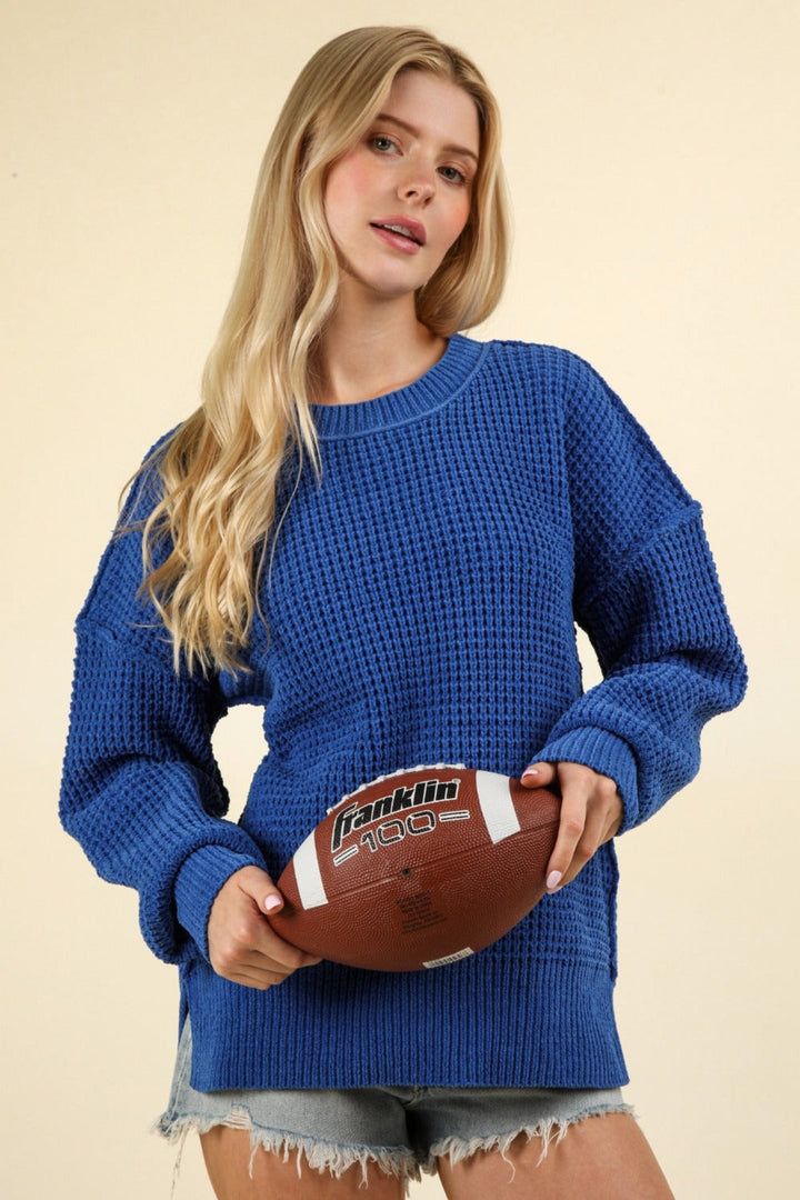 The802Gypsy Sweaters & Cardigans/Sweater Royal Blue / S ❤️GYPSY-VERY J-Waffle-Knit Exposed Seam Round Neck Sweater